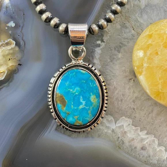 Native American Sterling Silver Blue Ridge Turquoise Oval Pendant For Women - Picture 2 of 10